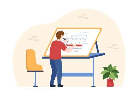 Drafting, Engineer or Architect Working on Drawing Board Projecting and Draft Stock Illustration