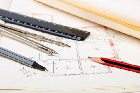 Drafting equipment on a draft Foto stock