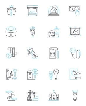 Drafting linear icons set. Blueprint, Design, Sketch, Diagram, Plan, Model Illustrazione stock