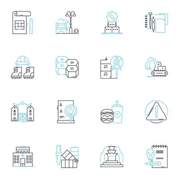 Drafting linear icons set. Blueprint, Design, Sketch, Diagram, Plan, Model Stock Illustration