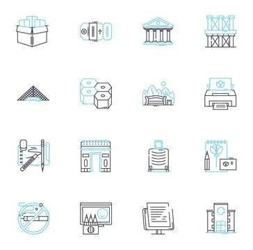 Drafting linear icons set. Design, Blueprint, Engineering, Plans, Measure Ilustración de archivo
