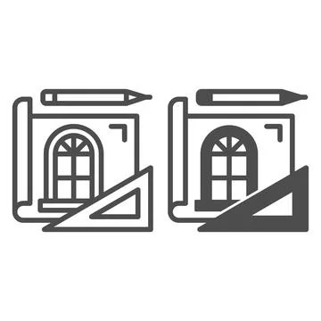 Drafting paper with window sketch, pencil, ruler line and solid icon, design Illustrazione stock