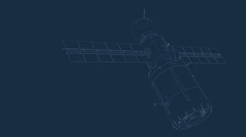 Drafting silhouette of a spaceship and its parts on a blue background Illustrazione stock