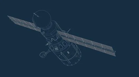 Drafting silhouette of a spaceship and its parts on a blue background Illustrazione stock