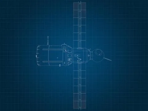 Drafting silhouette of spaceship and its parts on blue graph paper Stock Illustration