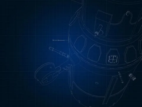 Drafting silhouette of spaceship and its parts on blue graph paper イラスト素材