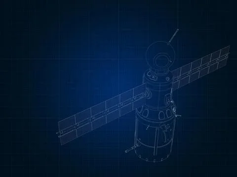 Drafting silhouette of spaceship and its parts on blue graph paper イラスト素材