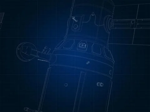 Drafting silhouette of spaceship and its parts on blue graph paper Stock Illustration