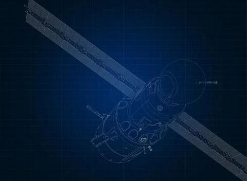 Drafting silhouette of spaceship and its parts on blue graph paper Stock Illustration