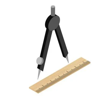 Drafting tool icon isometric vector. Black drafting compass near wooden ruler Stock Illustration