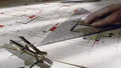 Draftsman uses compass and triangle to calculate blueprint measurements Stock Footage 311787006