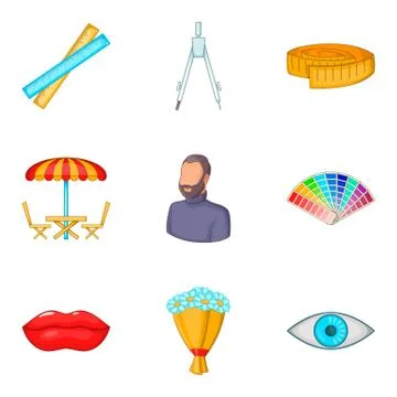 Draftsmanship icons set, cartoon style Stock Illustration