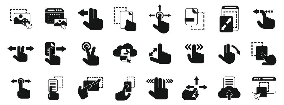 Drag drop icons set. Set of black and white icons representing hand gestures  Stock Illustration