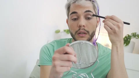 Drag queen doing makeup eye shadow at home - Fashion cosmetics LGBT concept Stock Footage 168967481