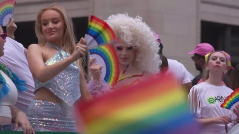 Drag Queen on a float at Pride gay LGBTQ parade in New York City 2023 Stock Footage 244663065