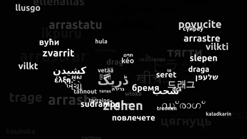 Drag Translated in 72 Worldwide Languages Endless Looping 3d Zooming Wordclou Video stock 145206250