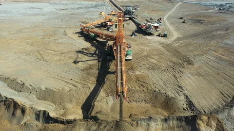 Dragline Excavator in Open Pit Lignite Coal Mine Drone Aerial View. Heavy Stock Footage 152817497