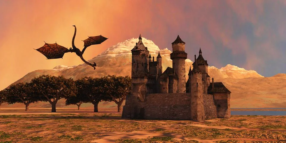 Dragon and Castle Stock Illustration