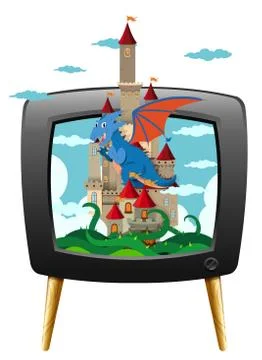 Dragon and castle on television screen 스톡 일러스트