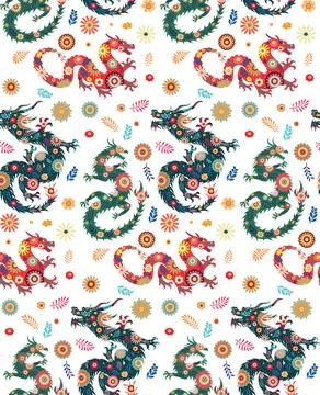 Dragon and flowers pattern Illustrazione stock