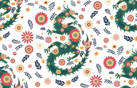 Dragon and flowers pattern Illustrazione stock