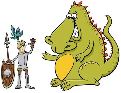 Dragon and knight having a friendly talk cartoon illustration Stock Illustration