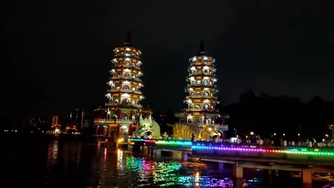 Dragon and tiger statues or temples at night are beautiful with colorful lights Stock Footage 235114041