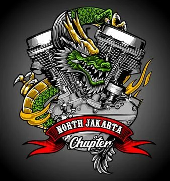 Dragon and v-twin engine on red background Illustrazione stock