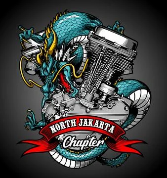 Dragon and v-twin engine on blue background Stock Illustration