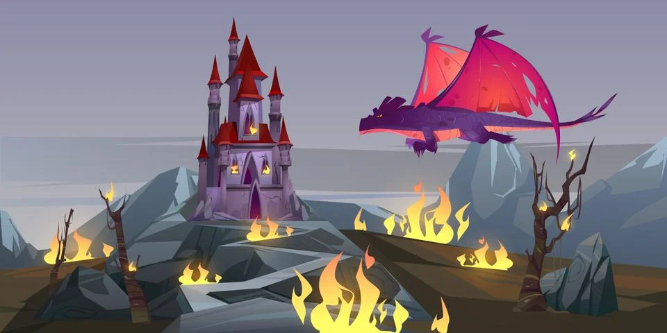 Dragon attack castle magic creature destroy palace Stock Illustration