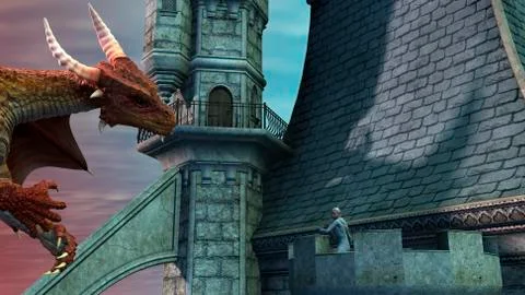 Dragon attacking the castle Stock Illustration