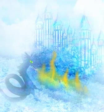 Dragon attacks the castle Stock Illustration