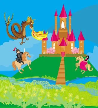 Dragon attacks the castle Stock Illustration