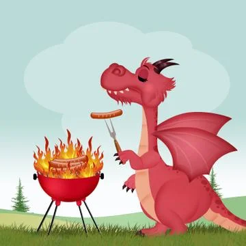 Dragon at the barbecue Stock Illustration