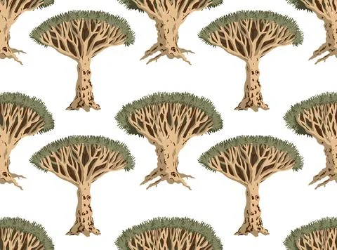 Dragon blood tree seamless pattern. Socotra island dracaena cinnabari endemic Stock Illustration