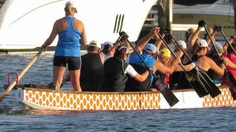 A dragon boat during a training session powers past moored yachts. Stock-Footage 126152913