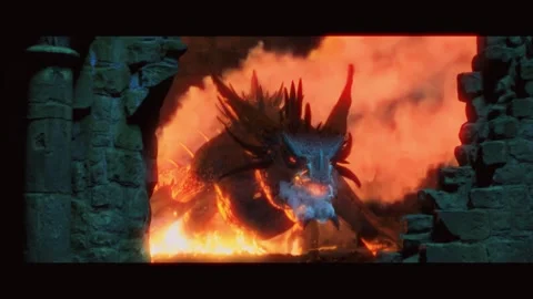 Dragon Breathing Fire at Camera in Dungeon Stock Footage 266845644