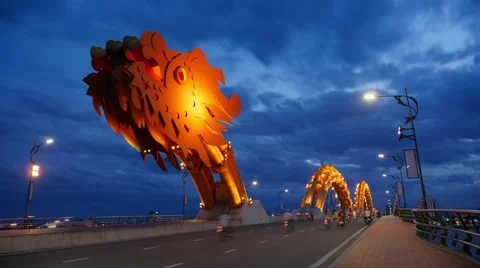 Dragon Bridge, 4K sunset time lapse, modern architecture, Asian design, Vietnam Stock Footage 65889995