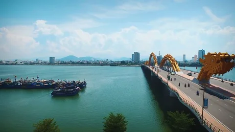Dragon Bridge In daytime In Danang Vietnam From Left To Right Stock Footage