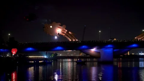 The Dragon Bridge fire show in Da Nang, Vietnam Stock Footage 337882937