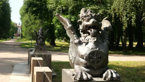 The Dragon Bridge with four figures of winged dragons in Tsarskoye Selo, Russia Video stock 316471444