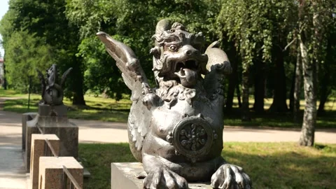 Dragon Bridge with four figures of winged dragons in Tsarskoye Selo, Russia Video stock 316471464