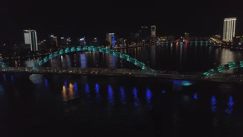 Dragon bridge from left to right with bright night illumination  Stock-Footage 112785614
