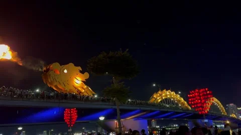 Dragon Bridge at Night Over Han River, Da Nang, Vietnam 4K Stock Footage 342726265