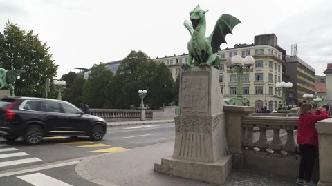 The Dragon Bridge, an old road and pedestrian bridge in central Ljubljana Stock Footage 248091589