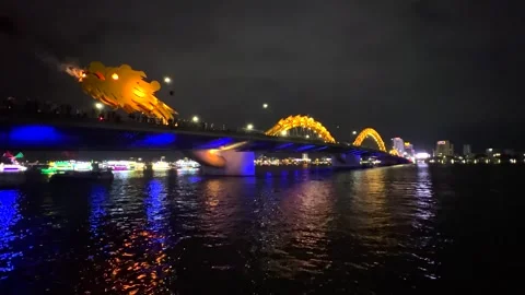 Dragon bridge spitting fire in Da Nang Stock Footage 322164069