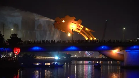 Dragon Bridge water spraying show in Da Nang, Vietnam Stock Footage 337882939