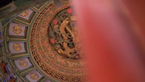 Dragon Carving on Ornate Ceiling in Forbidden City Palace Interior, Beijing Stock Footage 345832324