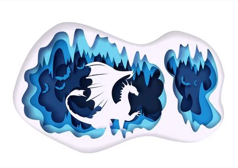 Dragon in cave, vector paper cut illustration. Mythological creature, fantasy Stock Illustration