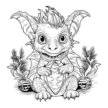Dragon coloring book. Coloring page simple line illustration of little cute d Stock Illustration